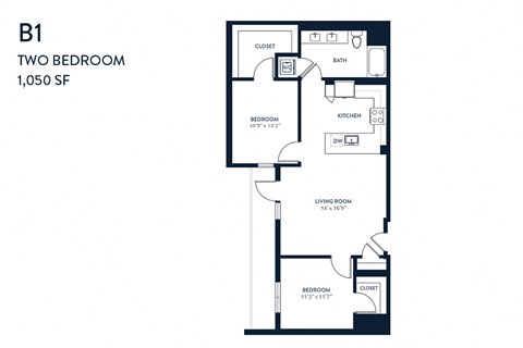 Floor plan for 2 beds, 1 bath, 1050 sqft